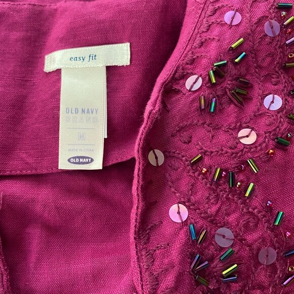 OLD NAVY Magenta LINEN Beaded Bohemian Hippie Lounge Tunic shirt *MEDIUM* - Picture 6 of 6